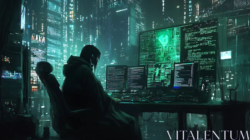 Hacker at multi-monitor workstation in neon cyberpunk city.