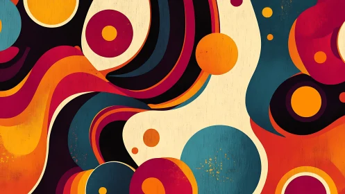 Bold retro circles and flowing bands create dynamic abstract field