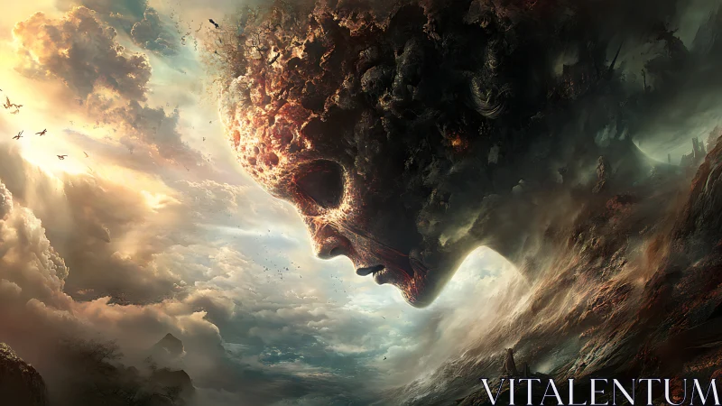 Colossal crumbling skull horizon merging with storm clouds.
