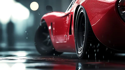 Red supercar glistens on rain-soaked city street at night.