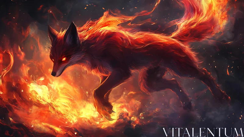 Infernal fox spirit strides through swirling wildfire.