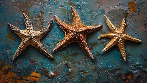 Starfish trio resting on a weathered tidepool canvas.