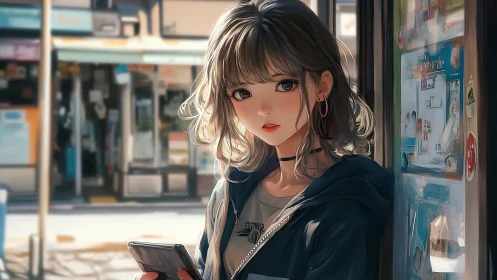 Young woman on city street holding smartphone, soft light.