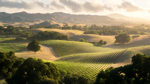 Sunlit vineyard waves rolling through golden country hills.