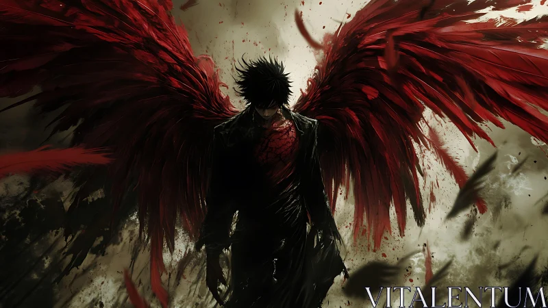 Dark winged figure emerging amid crimson feather storm.