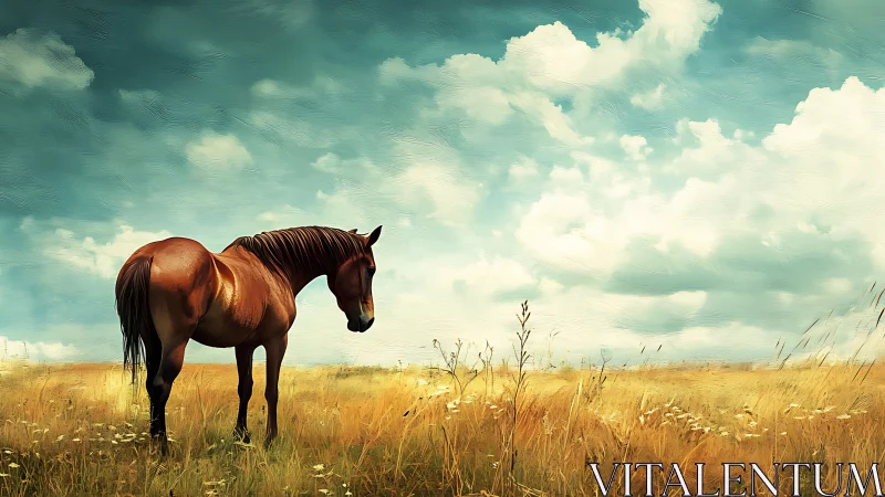 Chestnut horse in dry grassland under expansive cloudy sky.