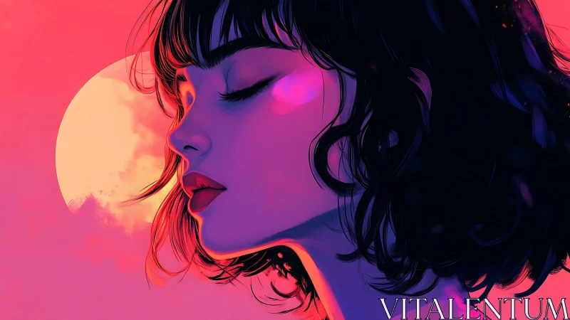 Profile portrait of woman against stylized sunset background.