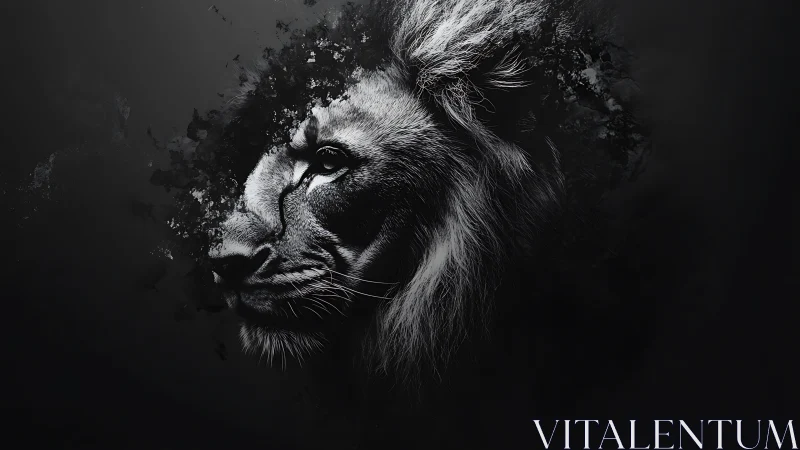 Midnight lion spirit emerges from shadows in grayscale storm.