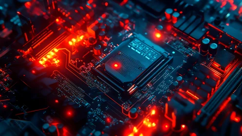 Glowing circuit board pulses gently with digital life