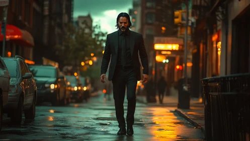 Solitary man strides through neon-lit rainy city street.