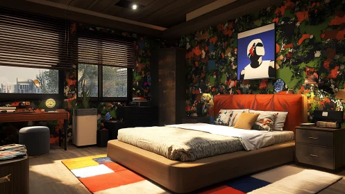 Contemporary bedroom interior uses patterned walls and warm lighting