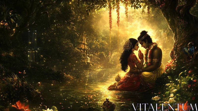 Two souls entwined in golden light beneath celestial blooms.