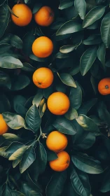 Orange citrus cluster among deep green glossy leaves.