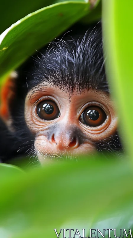 Close-up portrait of young monkey among green foliage.