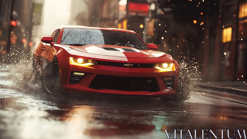 Red sports car powers through wet city street at speed.