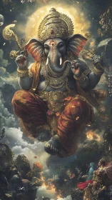 Divine Ganesha in celestial ascent over mythic landscape.