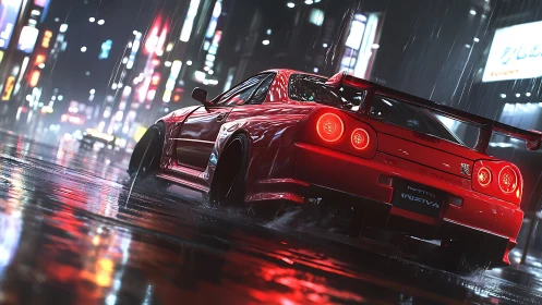Red sports car accelerates through wet neon city street at night