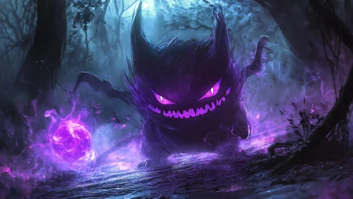 Ghostly creature stalks a haunted forest in violet flames