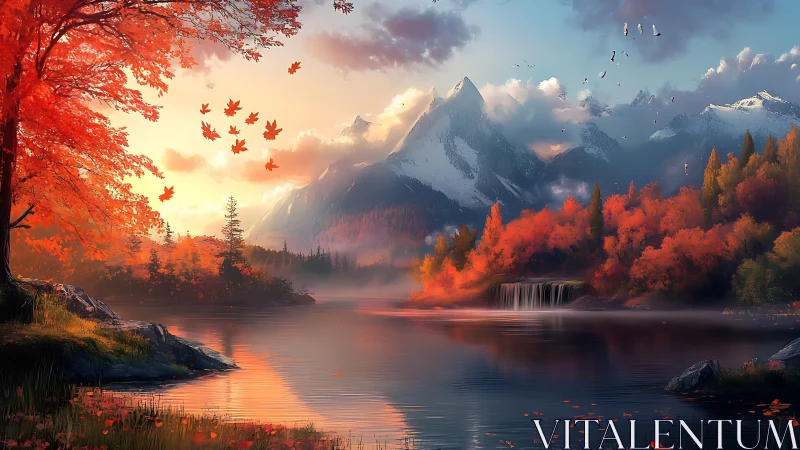 Glowing autumn lake nestles beneath serene snowy mountains