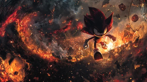 Dark hedgehog sprint through apocalyptic fire vortex.