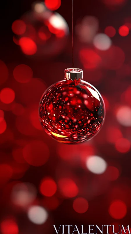 Crimson holiday bauble drifting in a galaxy of festive bokeh.
