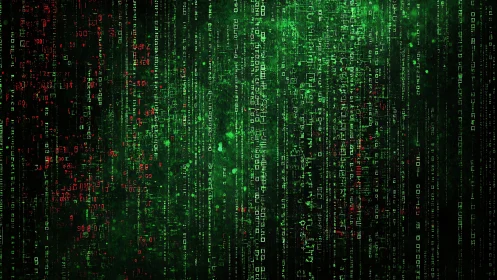 Neon data rain cascading through a glitchy cyber green void.