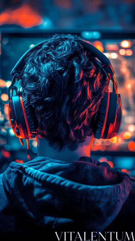 Neon-soaked gamer silhouette wired into midnight worlds.