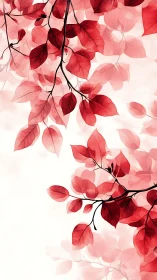 Scarlet leaves drift softly against a pale autumn glow