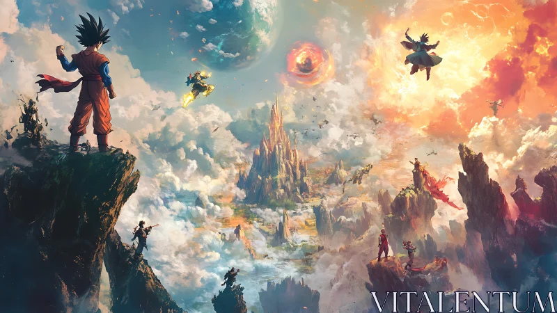 Dynamic anime battle panorama in celestial cloudscape composition.