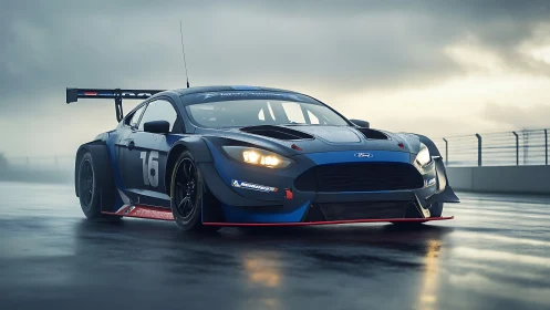 Photorealistic GT race car on wet pit lane at dawn light.