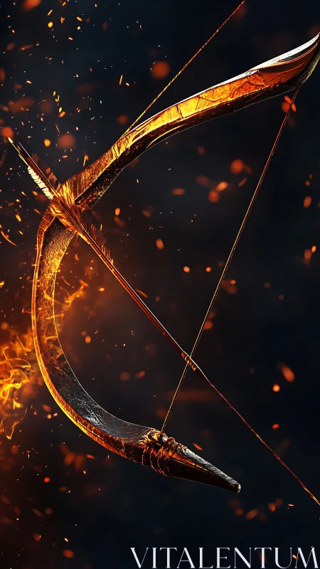 Flaming curved bow arcs through embers in dramatic contrast.