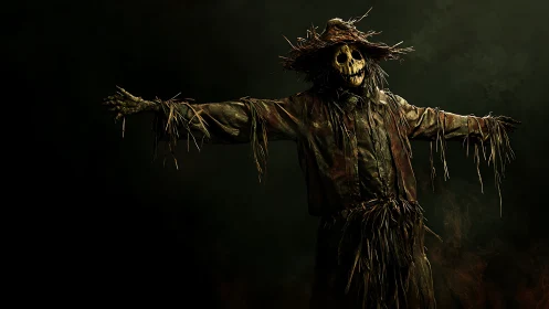 Sinister scarecrow looms in smoky moonlit cornfield dusk
