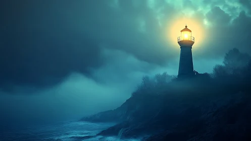 Lighthouse on rocky coast under moody blue night sky.