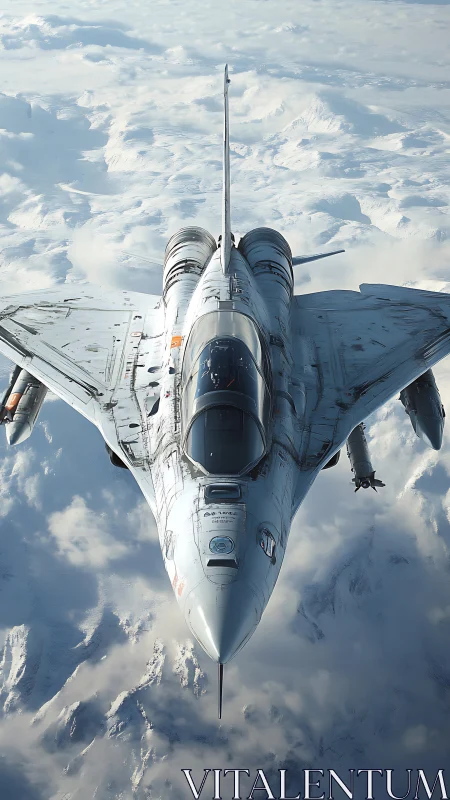 Futuristic white fighter jet cruises above frozen mountains.