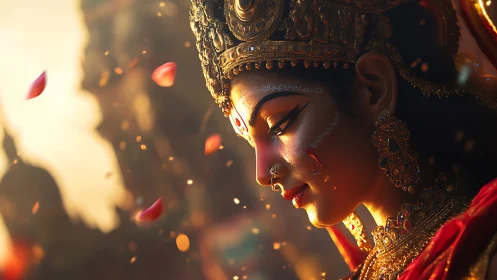 Divine goddess profile in golden ritual light.