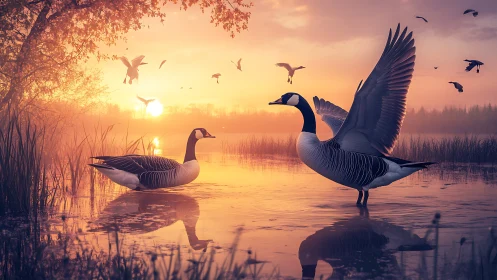 Canada geese in misty lakeside sunrise rendered in photoreal detail