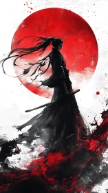 Samurai silhouette before crimson sun in dynamic ink storm.