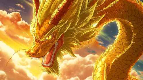 Skyfire dragon coils through glowing sunset clouds.