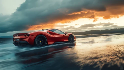 Red sports coupe on wet coastal flat under sunset sky.