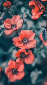 Coral Anemones Backlit Against Teal Foliage Blur