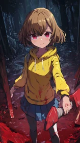 Smiling girl in yellow hoodie holding axe on forest path.