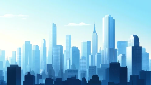 Digital city skyline with layered modern highrise towers.