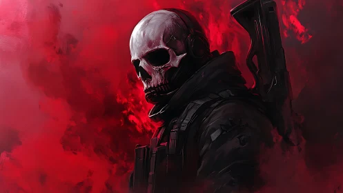 Armored figure with skull helmet stands in dense red haze