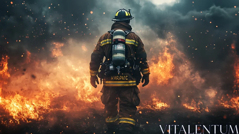 Firefighter in protective gear amid active fire conditions