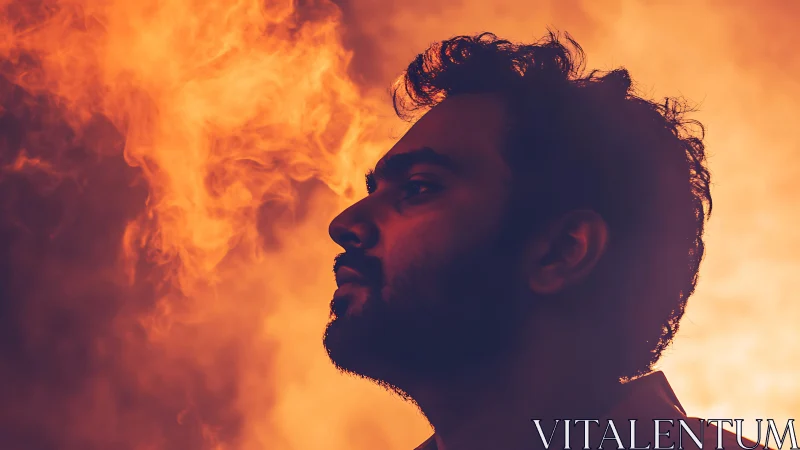 Side-lit male silhouette against turbulent flame field.