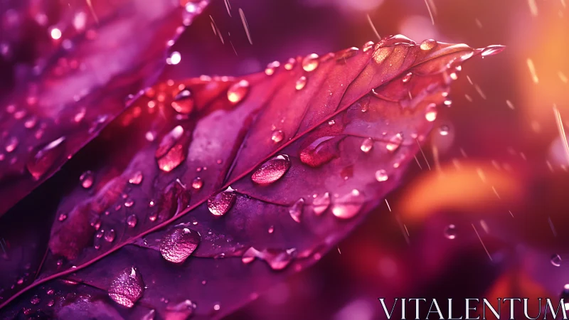 Macro botanical leaf study with luminous raindrops palette.