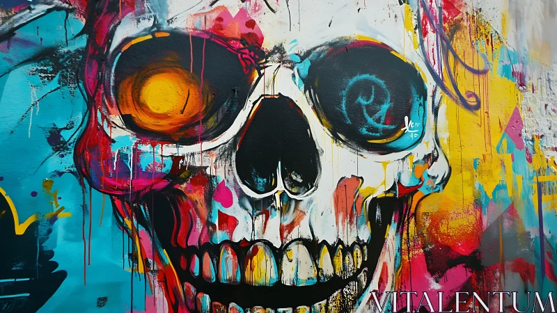 Neon skull graffiti mural with bold dripping color palette.
