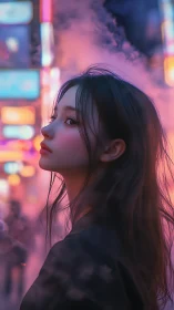 Side profile portrait of woman in neon city haze at night
