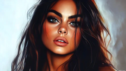 Softly lit portrait of a soulful woman with vivid green eyes.