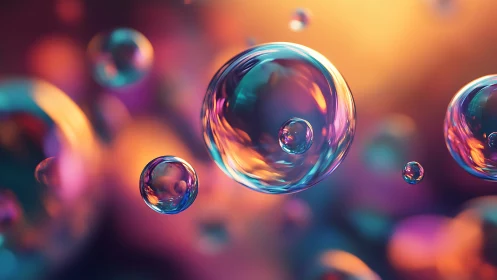 Prismatic bubbles drift through a neon twilight dreamscape